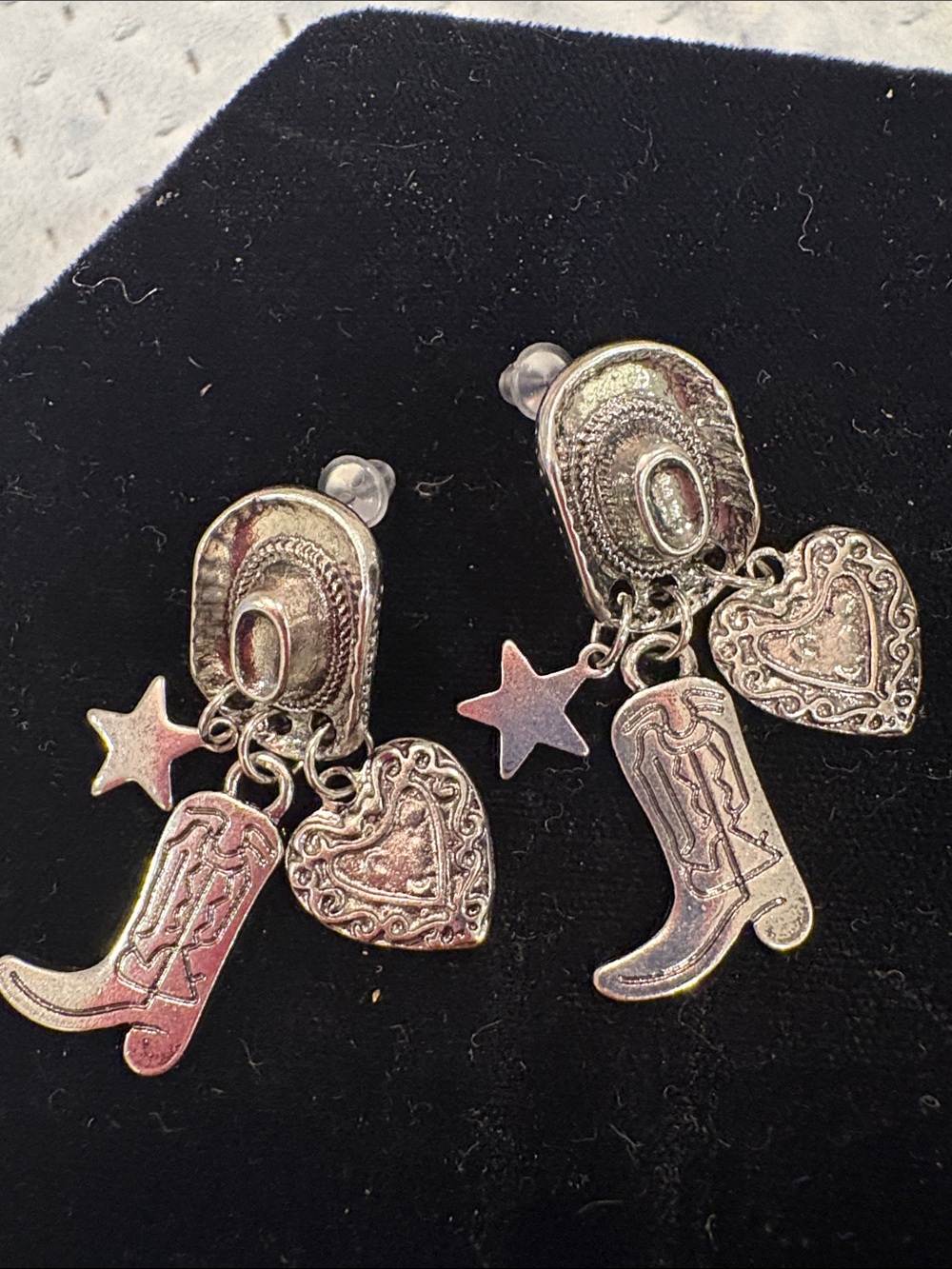 Western Antiqued Silver Charm Dangle Earrings with Cowboy Hat, Boot & Heart